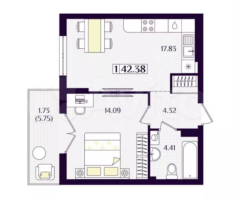 1-к. квартира, 42,4 м, 2/7 эт. - Фото 1