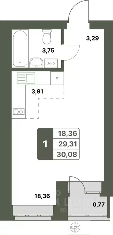 1-к кв. Башкортостан, Уфимский район, с. Миловка  (30.08 м) - Фото 1
