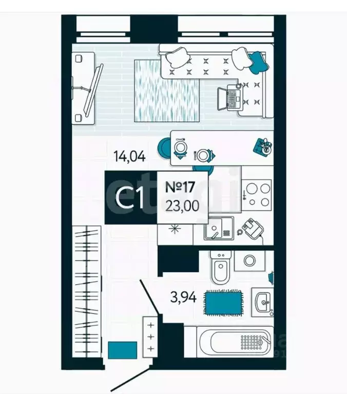 Студия Тульская область, Тула ул. Чмутова, 158к3 (23.0 м) - Фото 1