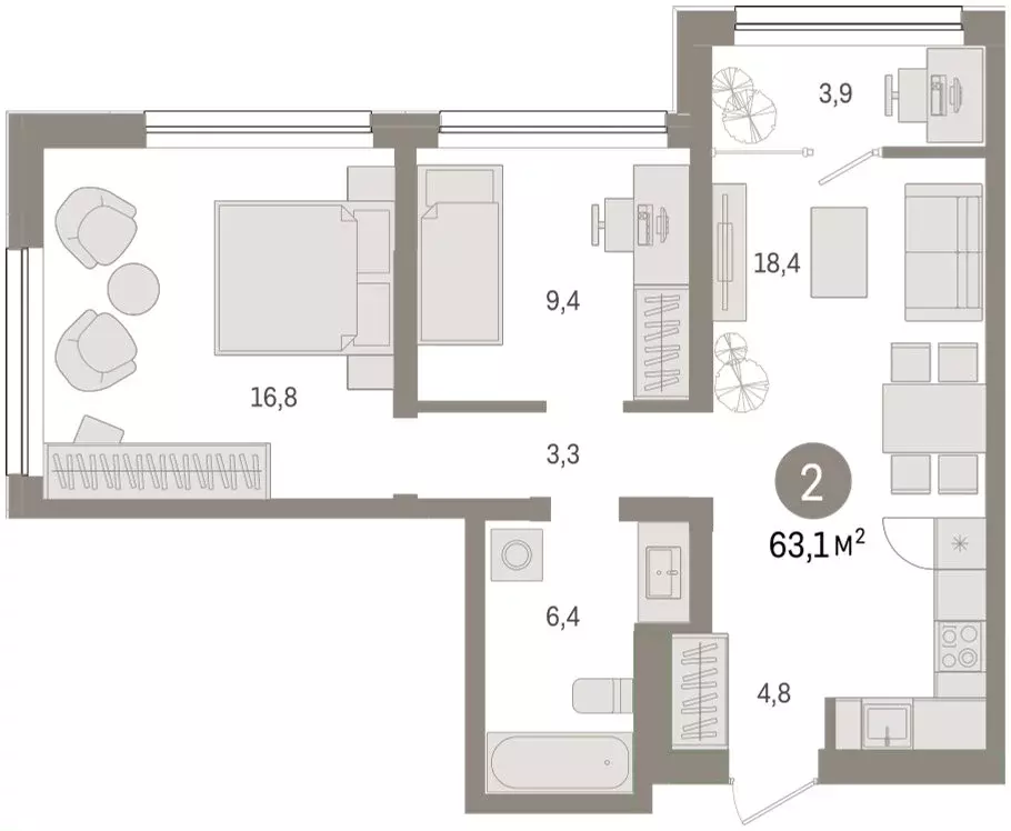 2-комнатная квартира: Тюмень, Мысовская улица, 26к1 (63.07 м) - Фото 1