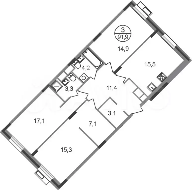 3-к. квартира, 91,9 м, 6/9 эт. - Фото 0