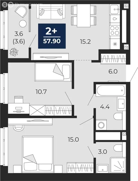 2-комнатная квартира: Тюмень, проезд Капитана Куликова, 5 (57.9 м) - Фото 1