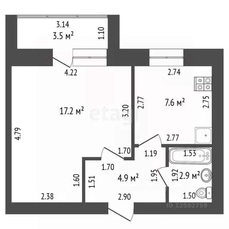1-к кв. Тамбовская область, Тамбов Клубная ул., 13Б (32.6 м) - Фото 0