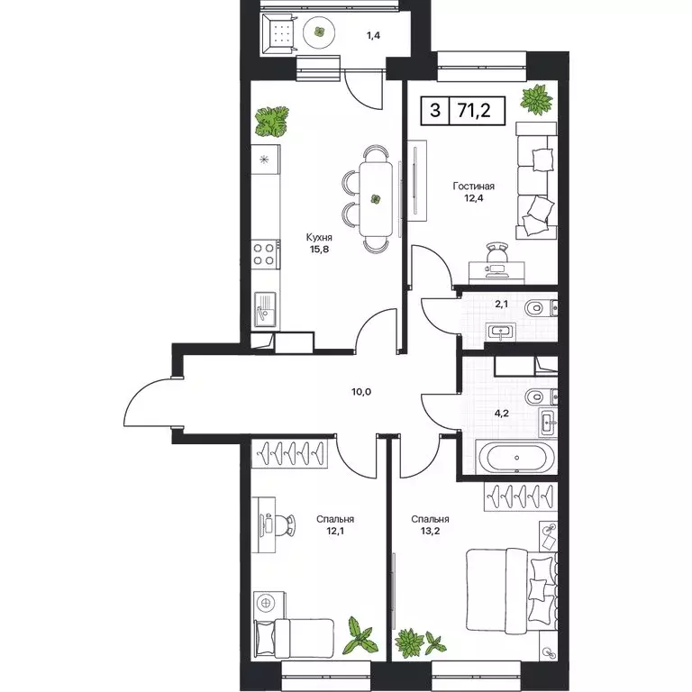 3-комнатная квартира: Пушкино, ЖК Пушкино Град (71.5 м) - Фото 1