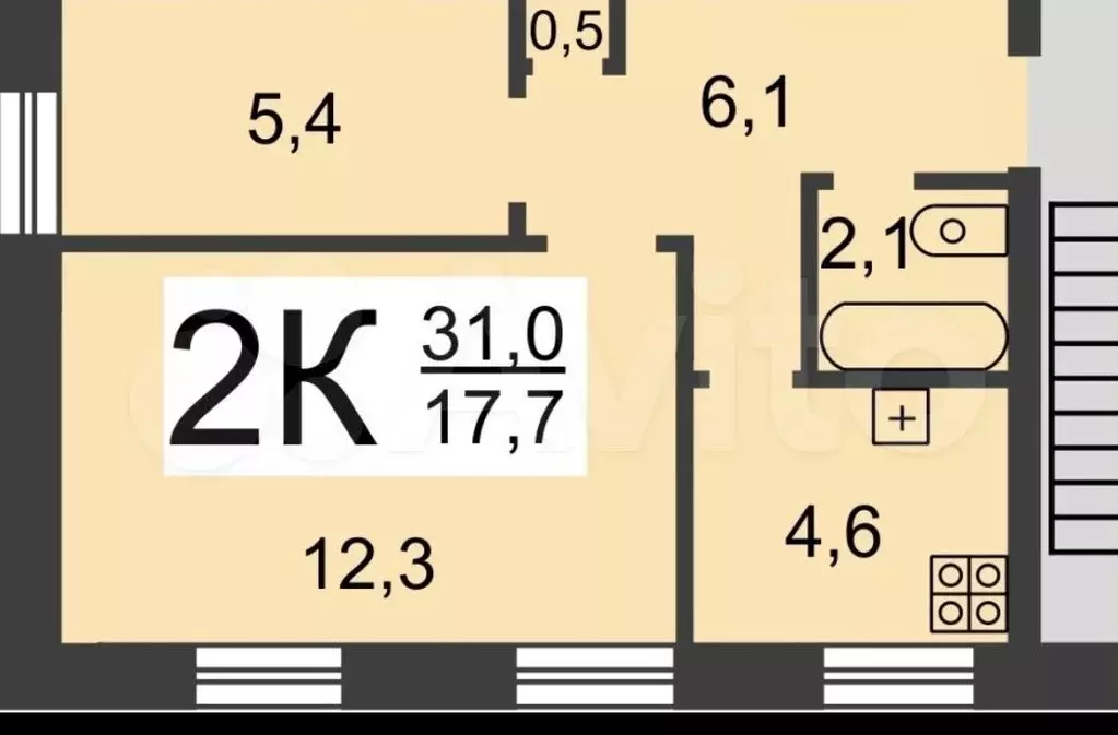 2-к. квартира, 31 м, 3/3 эт. - Фото 0