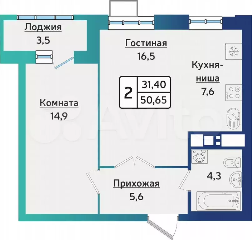 2-к. квартира, 50,7 м, 9/16 эт. - Фото 0