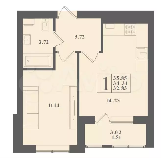 1-к. квартира, 35,9 м, 1/4 эт. - Фото 1