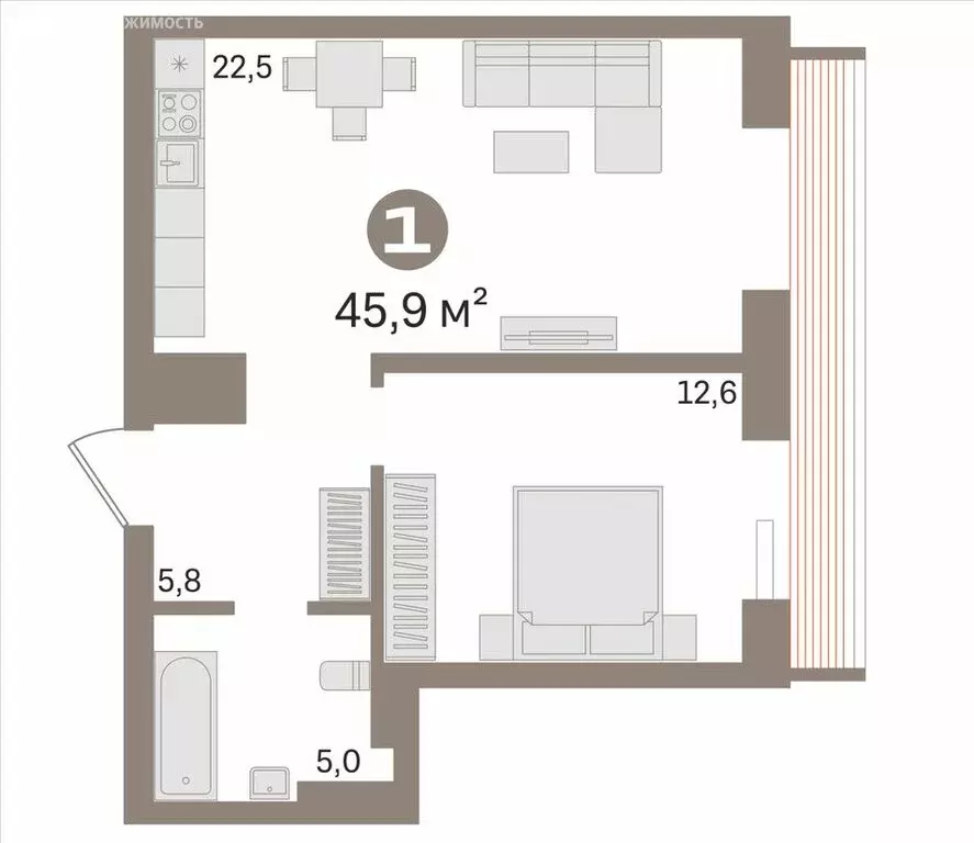 1-комнатная квартира: Тюмень (45.9 м) - Фото 1