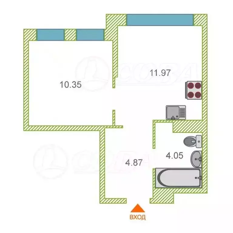 1-комнатная квартира: Тюмень, улица Новосёлов, 105 (31 м) - Фото 1