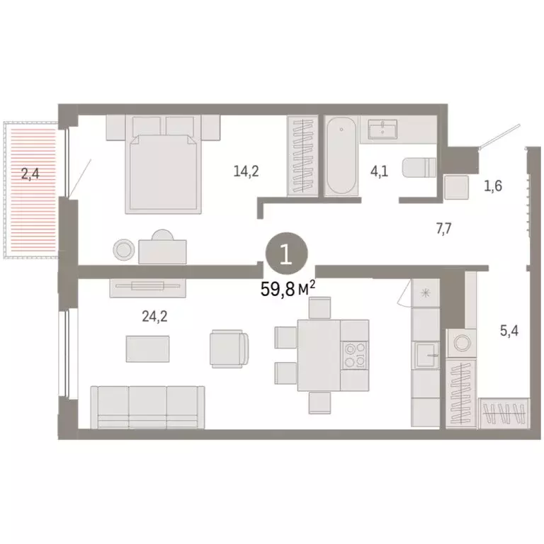 1-комнатная квартира: Тюмень, Мысовская улица, 26к2 (59.76 м) - Фото 1