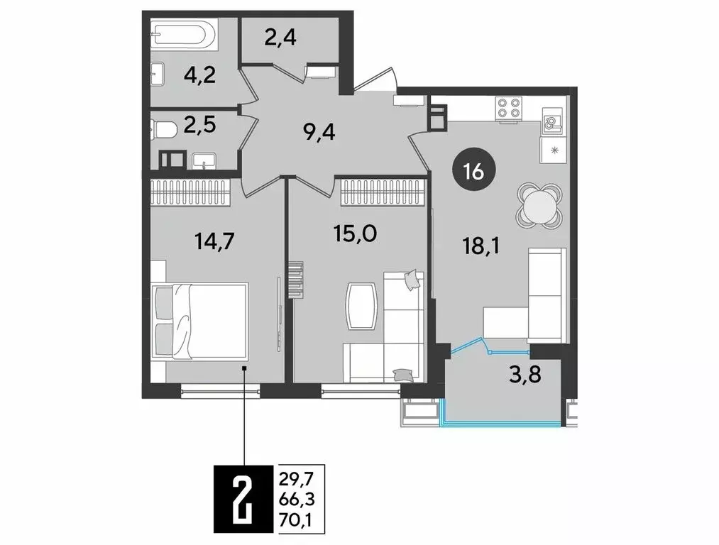 2-комнатная квартира: Краснодар, улица имени Героя Дангириева, 4к3 ... - Фото 1