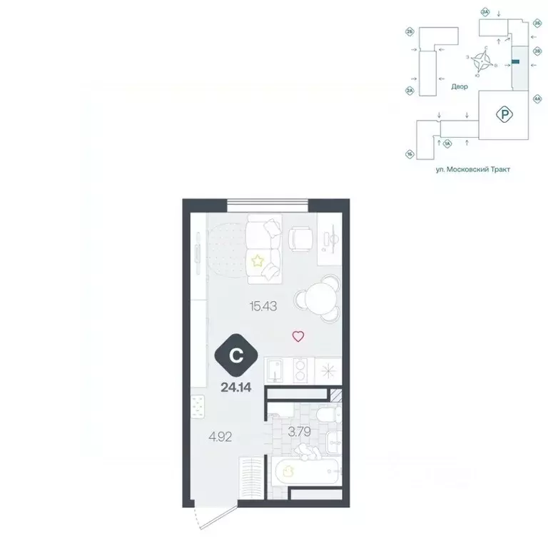 Студия Тюменская область, Тюмень Сибирский жилой комплекс (24.14 м) - Фото 1