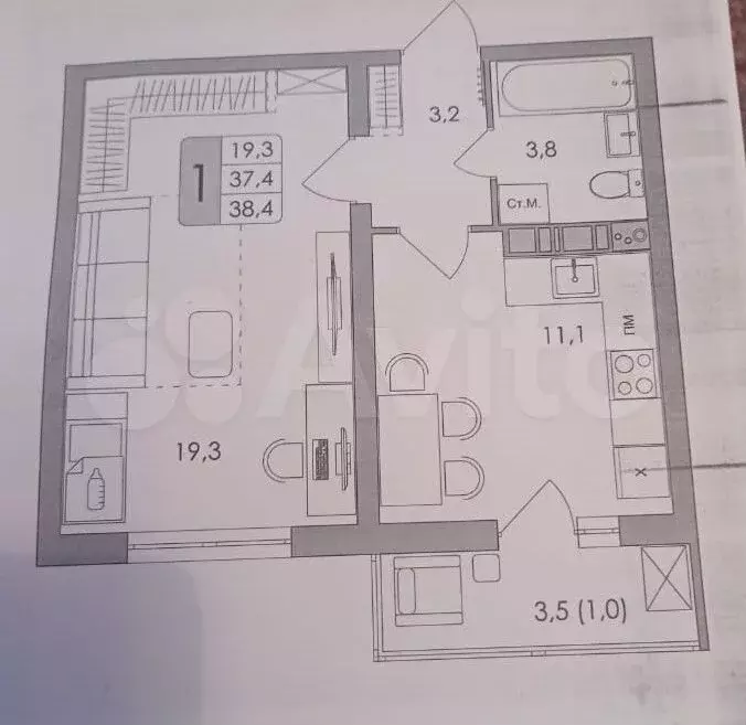 1-к. квартира, 38,4 м, 4/7 эт. - Фото 0