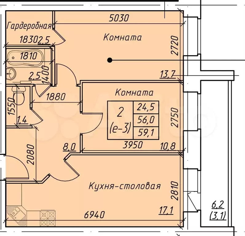 2-к. квартира, 59,1 м, 6/7 эт. - Фото 0