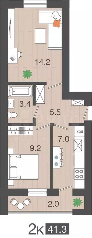 2-к. квартира, 41,3 м, 2/4 эт. - Фото 1