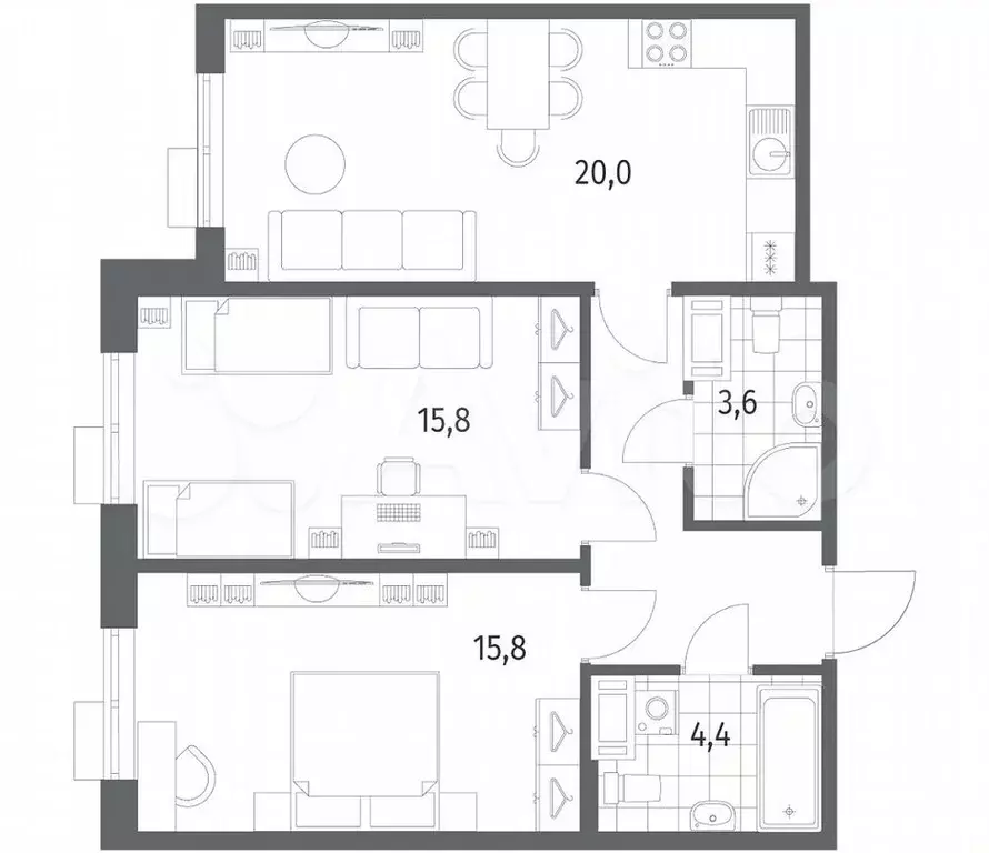 2-к. квартира, 67м, 3/6эт. - Фото 1