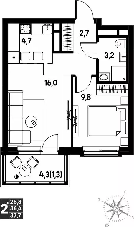 2-комнатная квартира: деревня Кондратово, проспект Дягилева, 3 (37.7 ... - Фото 1