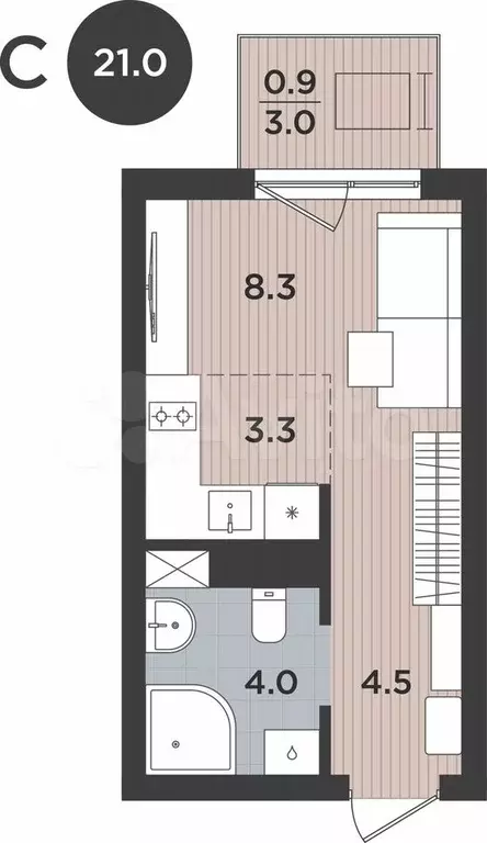 1-к. квартира, 21 м, 9/9 эт. - Фото 1