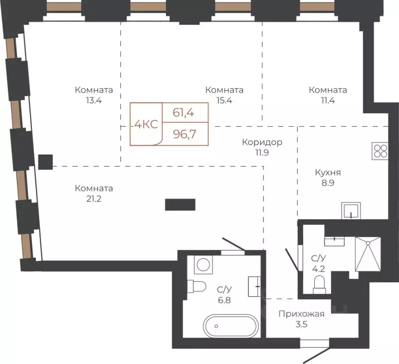 4-к кв. Алтайский край, Барнаул пл. Баварина, 8к1 (95.6 м) - Фото 1
