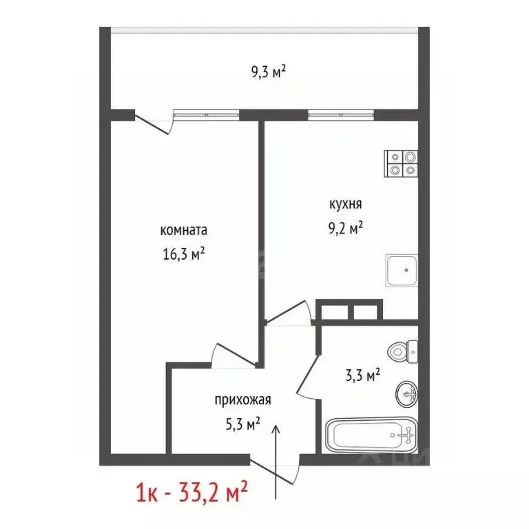 1-к кв. Свердловская область, Екатеринбург ул. Чкалова, 252 (33.2 м) - Фото 2