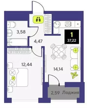 1-к. квартира, 37,2 м, 2/14 эт. - Фото 1