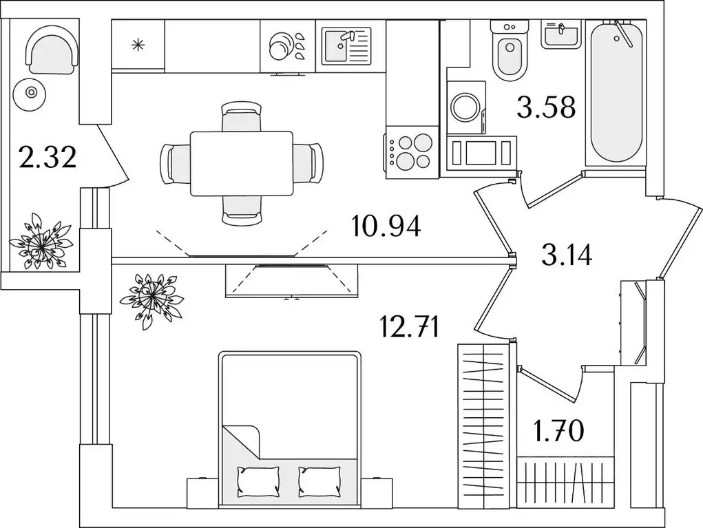 Квартира, 1 комната, 33.22 м - Фото 1