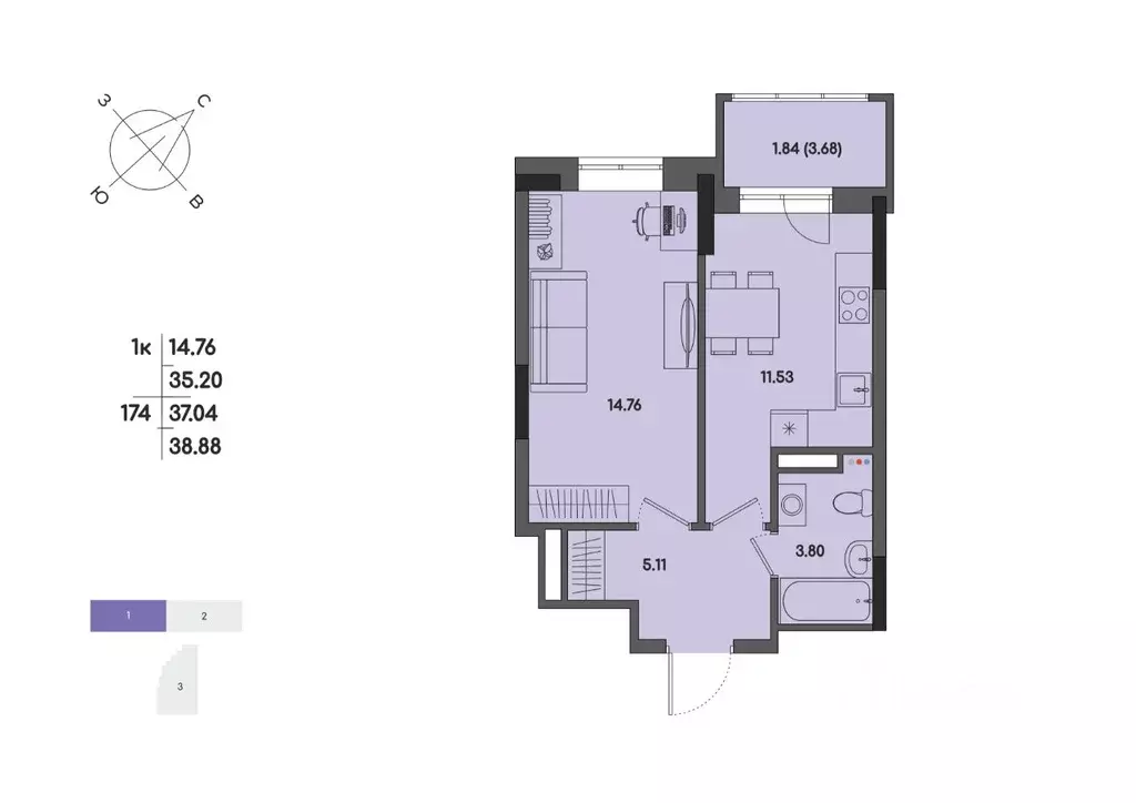 1-к кв. Удмуртия, Ижевск ул. Джамбула, 83 (37.04 м) - Фото 1