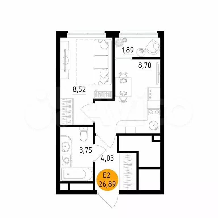 1-к. квартира, 26,9 м, 22/25 эт. - Фото 0