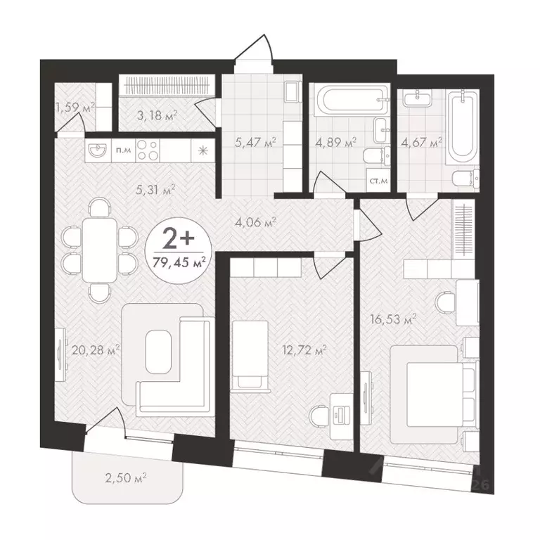 2-к кв. Башкортостан, Уфа Южный-2 мкр,  (79.45 м) - Фото 1