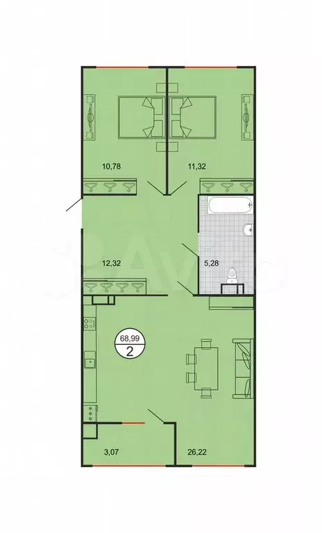 2-к. квартира, 69 м, 3/5 эт. - Фото 1