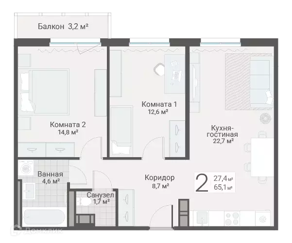 Продаётся 2-к квартира, 65.1 м - Фото 0
