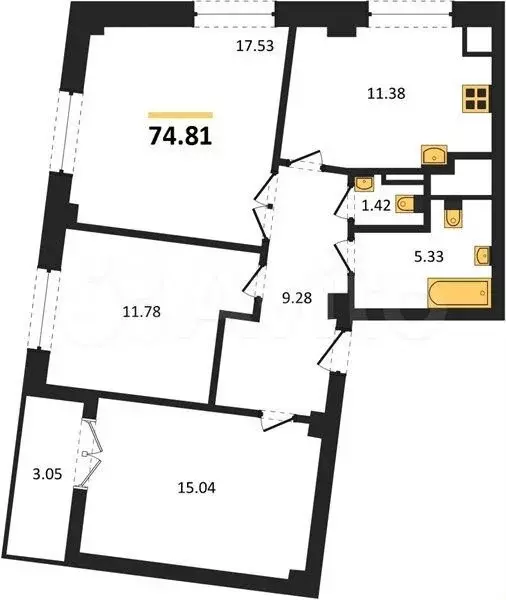 3-к. квартира, 74,8 м, 7/9 эт. - Фото 1