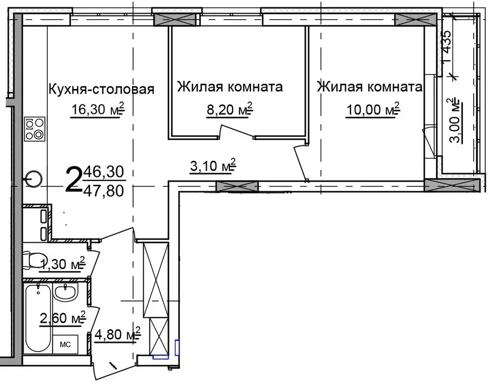 2-к кв. Нижегородская область, Нижний Новгород 52-й кв-л,  (47.8 м) - Фото 0