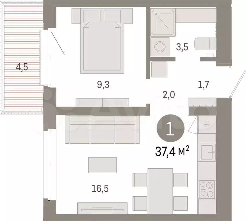 1-к. квартира, 37,4 м, 5/11 эт. - Фото 1