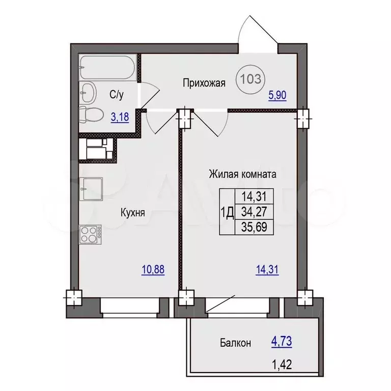 1-к. квартира, 35,7 м, 5/9 эт. - Фото 0