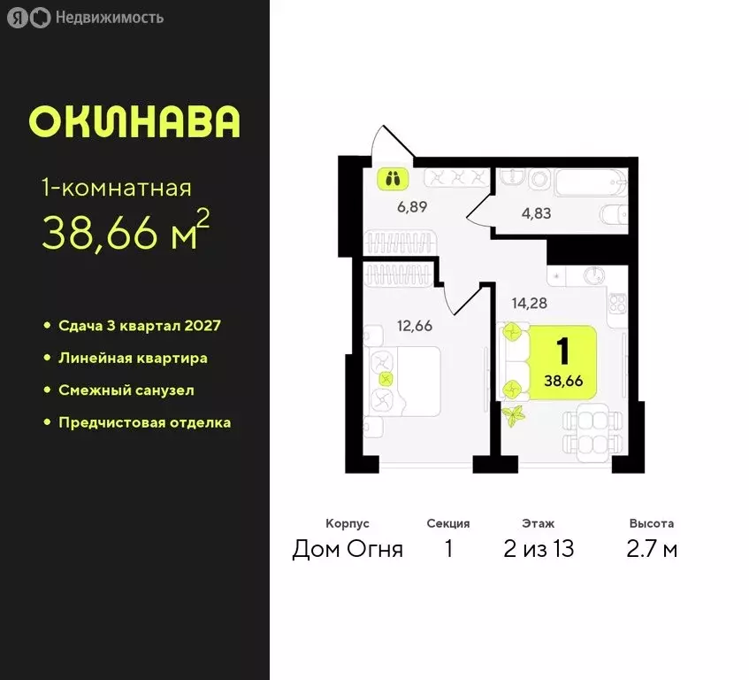 1-комнатная квартира: Тюмень, жилой комплекс Окинава (38.66 м) - Фото 0