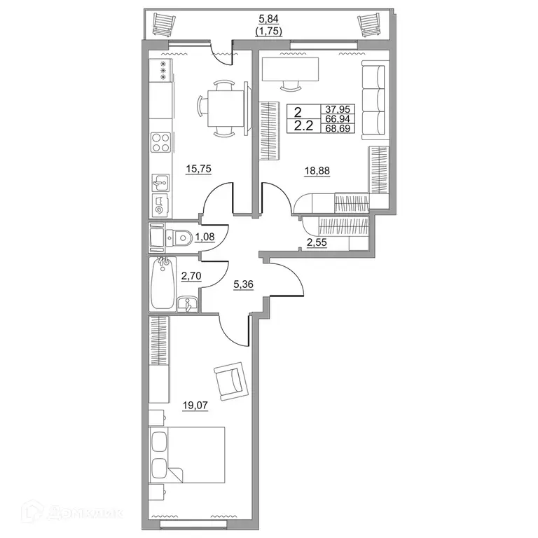 Продаётся 2-к квартира, 68.09 м - Фото 1
