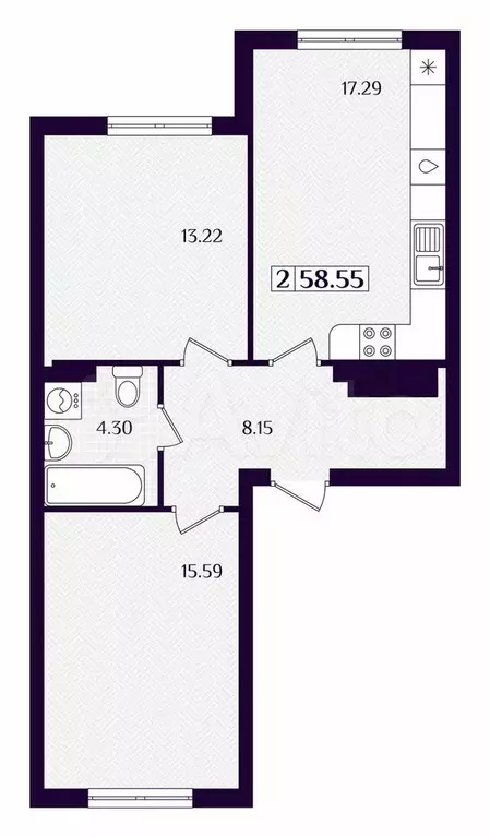 2-к. квартира, 58,6 м, 1/7 эт. - Фото 1