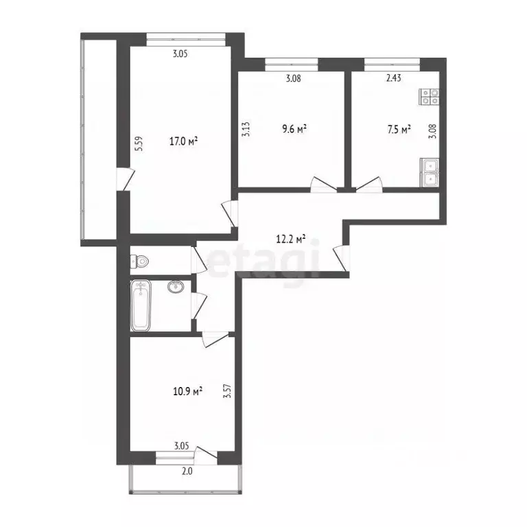 3-к кв. Псковская область, Псков Коммунальная ул., 75А (62.5 м) - Фото 2