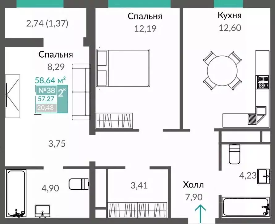 2-к кв. Крым, Симферополь просп. Александра Суворова (58.64 м) - Фото 0
