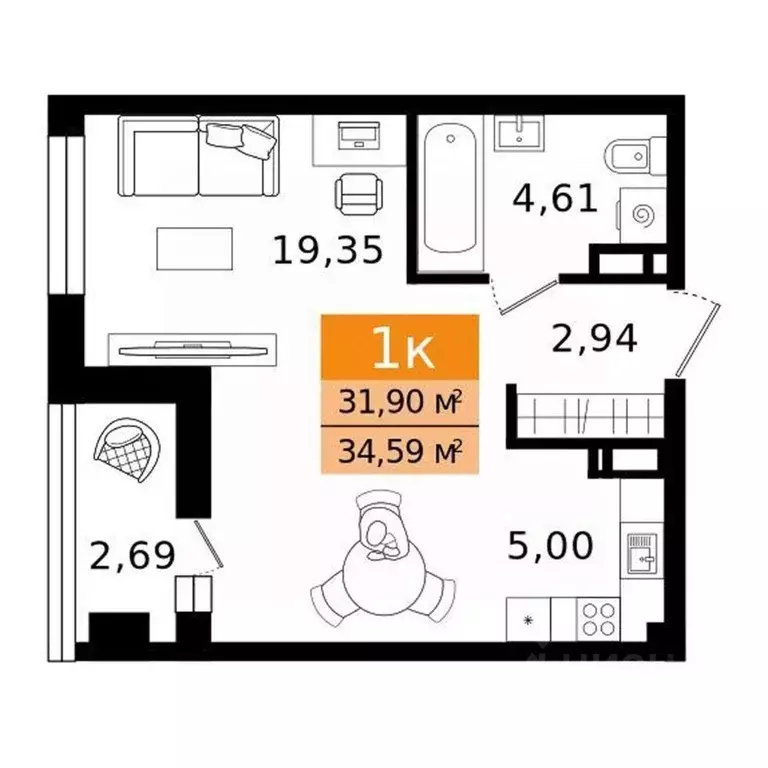 1-к кв. Курганская область, Курган просп. Конституции (34.59 м) - Фото 2