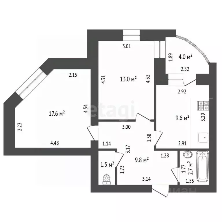 2-к кв. Башкортостан, Стерлитамак ул. Худайбердина, 226 (54.2 м) - Фото 2