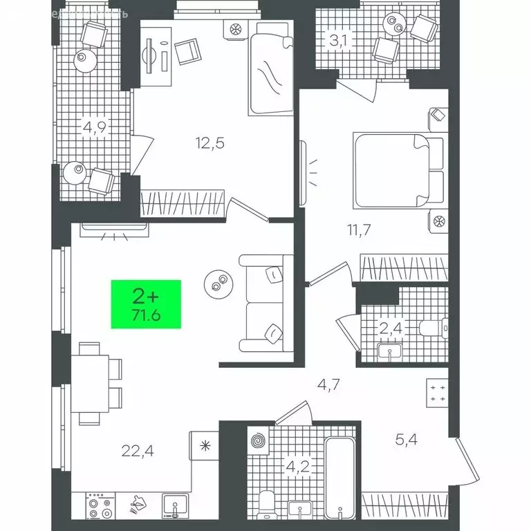 2-комнатная квартира: Тюмень, улица Ильи Кургузова (71.63 м) - Фото 1