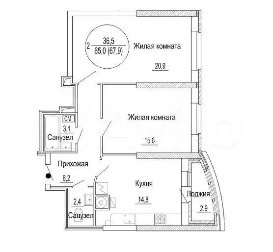 2-к. квартира, 67,9 м, 1/12 эт. - Фото 0