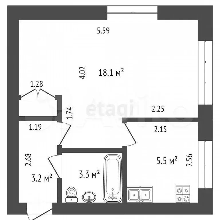 1-к. квартира, 30,7 м, 1/5 эт. - Фото 0