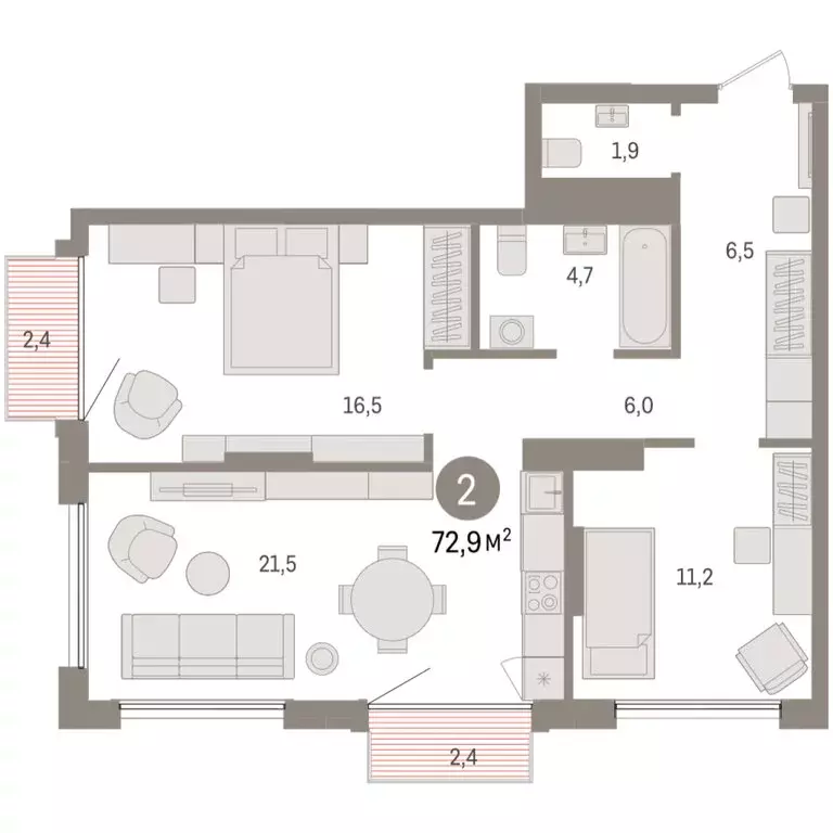 2-комнатная квартира: Тюмень, Краснооктябрьская улица, 4к3 (72.87 м) - Фото 1