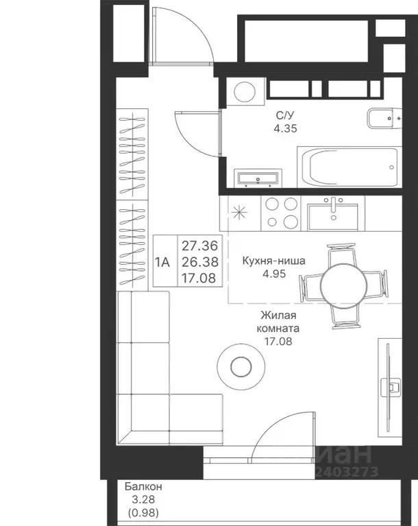 Студия Татарстан, Казань Мой Ритм жилой комплекс, ПК14 (27.36 м) - Фото 1