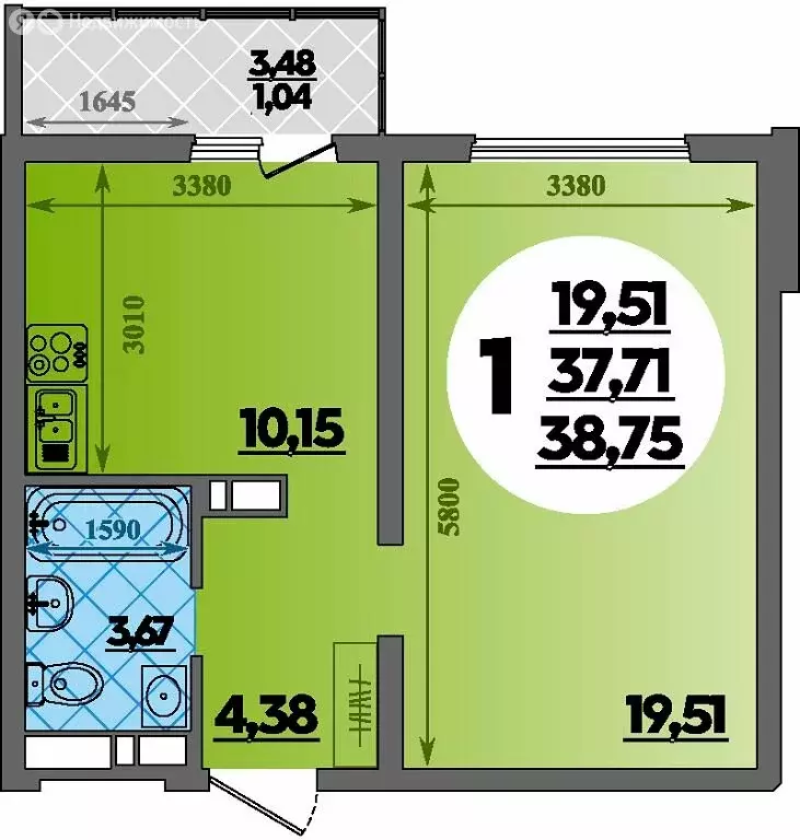1-комнатная квартира: Республика Адыгея (Адыгея), Майкоп (38.75 м) - Фото 1