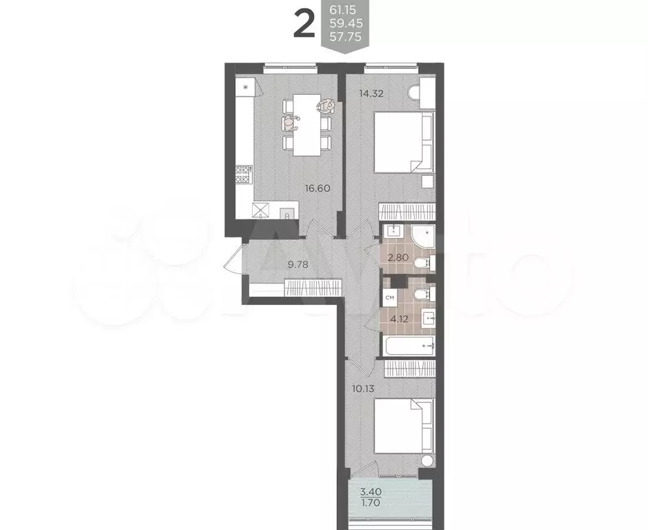 2-к. квартира, 59,5 м, 1/9 эт. - Фото 1
