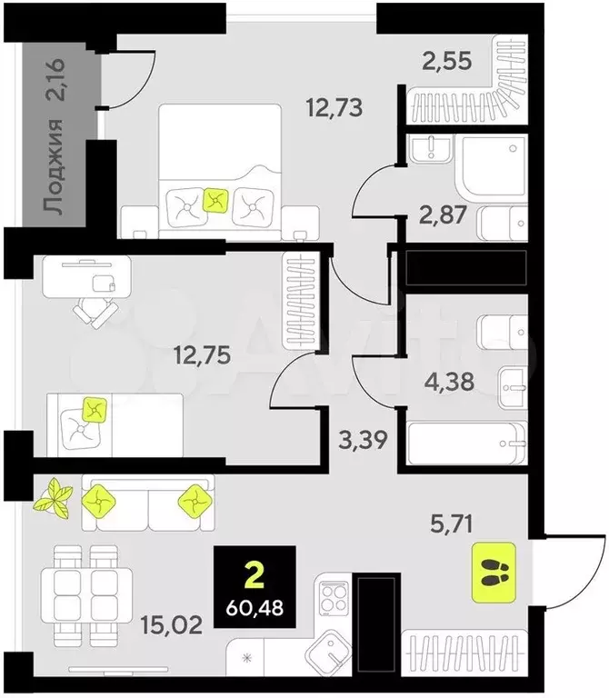 2-к. квартира, 60,5 м, 13/14 эт. - Фото 1